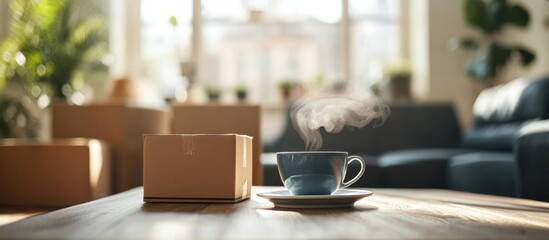 Poster - Cozy home environment with moving boxes and steaming coffee cup inviting warm atmosphere and empty space for text or messages