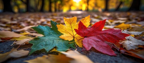 Poster - Vibrant autumn leaves showcasing a stunning blend of green, yellow, orange, and red in a park setting during the fall season.
