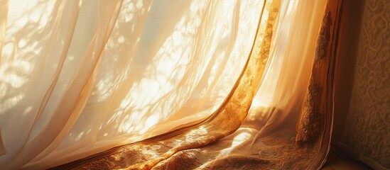 Poster - Soft light filtering through delicate curtains highlighting intricate embroidery in a serene indoor setting.