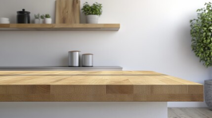 Poster - Minimalist wooden countertop in modern kitchen environment with empty space for product display and decor text placement.