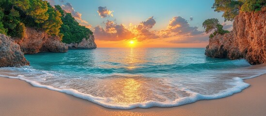 Poster - Breathtaking sunset over a serene beach with vibrant colors reflecting on calm waters and lush greenery in the background