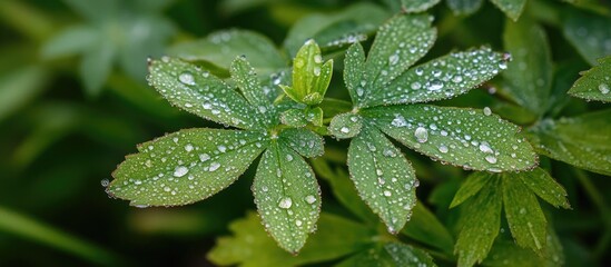 Wall Mural - macro view of dew drops glistening on vibrant green grass leaves in early morning light showcasing n