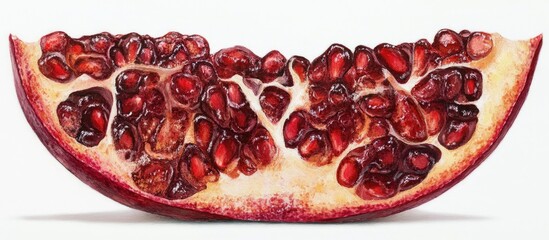 Leinwandbilder - Freshly cut pomegranate slice showcasing vibrant seeds on a clean white background for a healthy food concept.