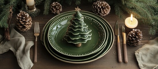 Aufkleber - Ecological Christmas table setting with green plates and napkin tree centerpiece surrounded by pinecones and candlelight flat lay image.