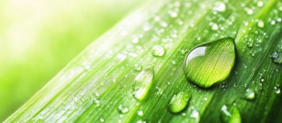 Wall Mural - macro close-up of dewdrops on vibrant green leaf highlighting nature's beauty and freshness in the e