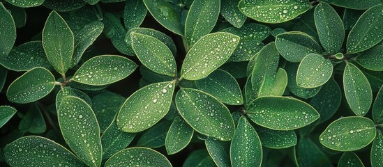 Wall Mural - Morning dew on lush green leaves creating a fresh and vibrant natural composition with water droplets glistening under soft light.