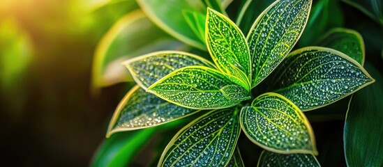 Wall Mural - lush green leaves of an outdoor decorative plant with intricate details and natural light highlighti