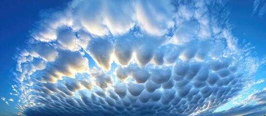 Poster - Dramatic cumulus clouds forming unique patterns against a vibrant blue sky creating a captivating atmospheric scene.