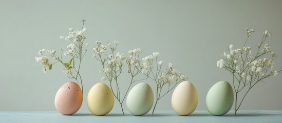 Aufkleber - Springtime pastel eggs surrounded by delicate flowers on a soft background with ample space for text or branding purposes