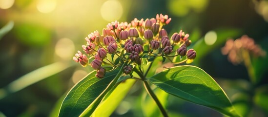 Wall Mural - common milkweed plant blooming in sunlight with vibrant pink flowers in a serene park setting