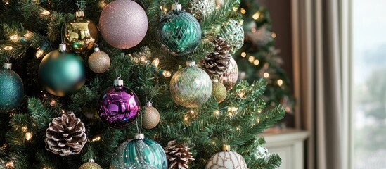 Aufkleber - Christmas tree adorned with colorful decorations including ornaments, cones, and beads creating a festive holiday atmosphere.
