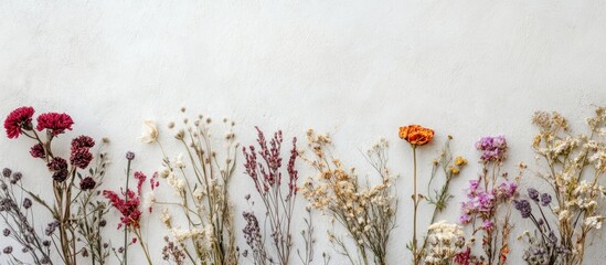 Poster - Dried floral arrangement on a textured white wall showcasing natural beauty and vibrant colors for interior decor inspiration.