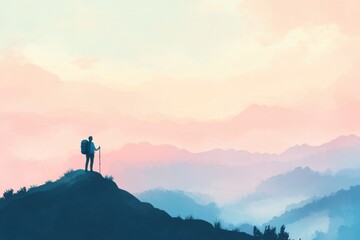 Aufkleber - Hiker gazes over vast mountain range with colorful sky during sunset. Generative AI