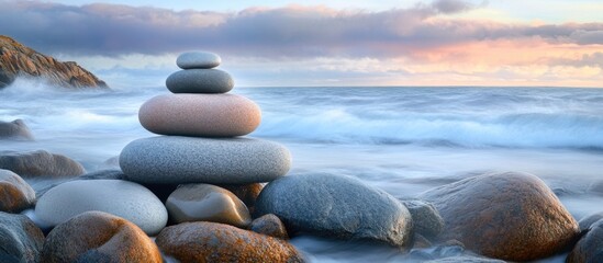 Aufkleber - Balanced stones on a rocky shore with gentle waves in the background during a serene sunset landscape scene.