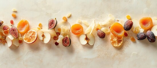 Poster - Dried fruit arrangement on a light background showcasing a variety of textures and colors for culinary or decoration purposes
