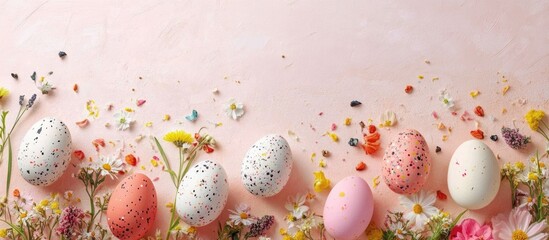 Fototapete - Colorful Easter eggs arrangement with spring flowers on a soft pink background featuring empty space for text or branding purposes