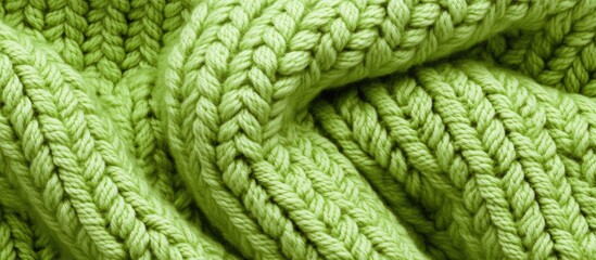 Poster - Green knit fabric texture on a white background showcasing intricate patterns and fibers for textile and fashion design concepts