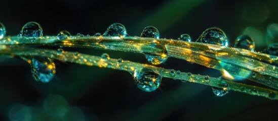 Wall Mural - macro shot of dew droplets on grass blades capturing nature's beauty and tranquility in the early mo
