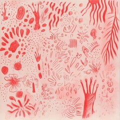 Wall Mural - Drawing of red and black hands with zen papaya on light pink background