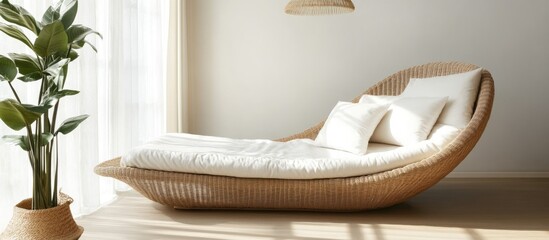 Poster - Cozy sun bed in a luxurious master bedroom showcasing white and natural tones with boho decor and ample space for text placement
