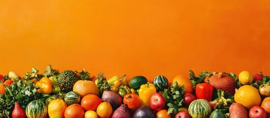 Leinwandbilder - Vibrant Assortment of Fresh Farm Produce on Bright Orange Backdrop with Room for Text Display