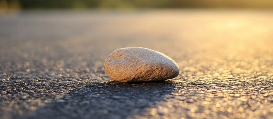 Wall Mural - Small stone resting on sunlit asphalt surface showcasing texture and shadows during golden hour illumination.