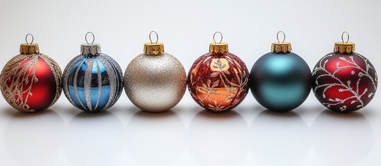 Poster - Colorful Christmas ornaments arranged on a white background creating a festive atmosphere for holiday celebrations and decorations.