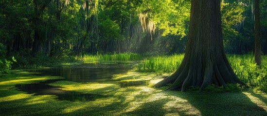 Poster - Serene cypress tree in a lush forest setting illuminated by sunlight with reflective water and vibrant greenery in the background