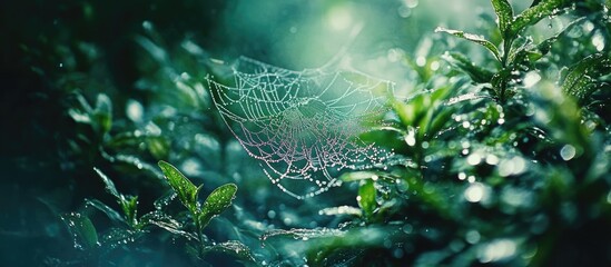 Wall Mural - Dew-kissed spiderweb delicately draped on lush woodland plants illuminated by soft morning light