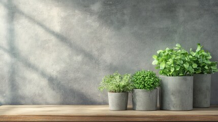 Aufkleber - Greenery in Concrete Planters on Wooden Table with Text Space for Natural Living or Home Decor Concepts