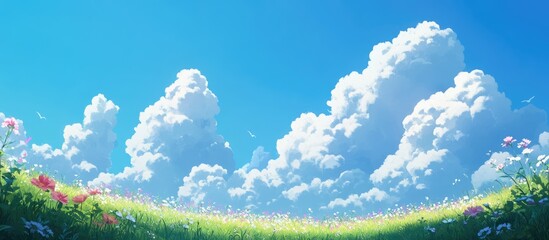 Aufkleber - Vibrant blue sky with billowing cumulus clouds above a lush green landscape dotted with wildflowers.