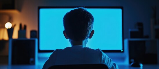 Focused programmer coding in dark room with computer screen displaying code empty space for text modern technology workspace concept