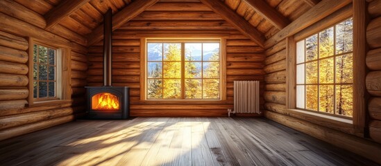 Aufkleber - Warm and Inviting Wooden Cabin Interior with Natural Light and Heating Element for Relaxation or Creative Use