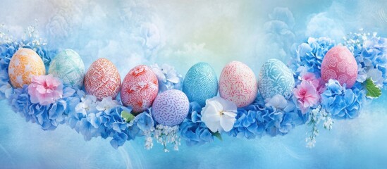 Fototapete - Easter holiday composition with colorful decorated eggs arranged in a blue floral wreath against a soft dreamy background.