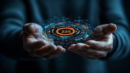 Hands holding digital 225 code, futuristic background, tech innovation concept