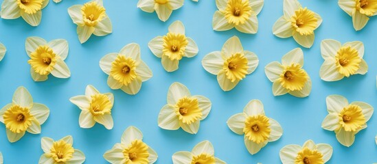 Aufkleber - Yellow Daffodils on Blue Background Floral Pattern Flat Lay with Space for Text Spring Composition for Creative Designs and Advertisements