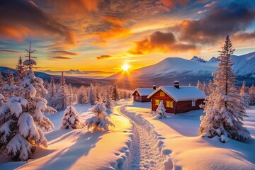 Canvas Print - Magical Sunrise on Snowy Kungsleden Trail, Lapland, Sweden - Winter Hiking Adventure