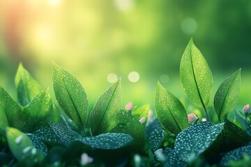 Canvas Print - Serene Green Meadow: Dew-Kissed Leaves in Morning Sunlight