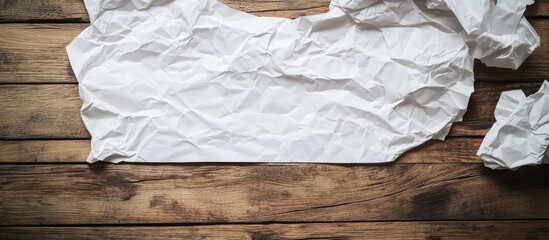 Poster - Crumpled white paper texture on rustic wooden surface for creative backgrounds or presentations