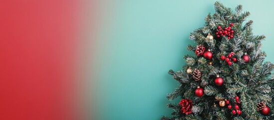Poster - Colorful Christmas tree background with seasonal decorations and blank space for personalized holiday message or text placement