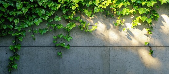 Aufkleber - Ivy-covered concrete wall showcasing nature's resilience and urban textures blended in harmony with soft sunlight illuminating the scene.