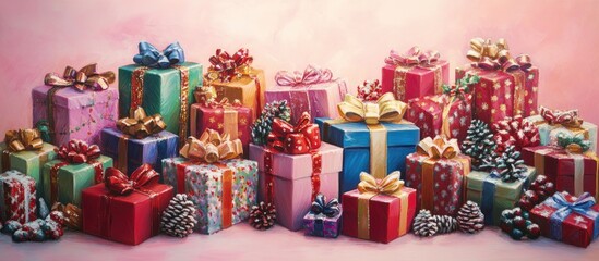 Poster - Vibrant assortment of beautifully wrapped Christmas presents featuring various colors and patterns on a soft pink background