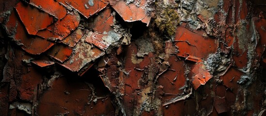 Poster - Weathered red brick wall with peeling paint showcasing a textured background of decay and age