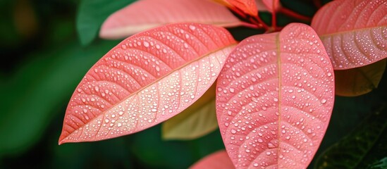 Fototapete - Vibrant Pink Guava Leaves with Dew Drops Against a Lush Green Background