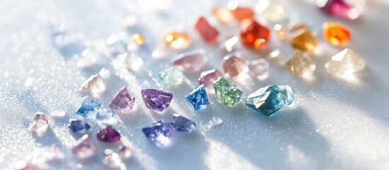 Aufkleber - colorful gemstones and crystals scattered on a bright white surface glistening in natural light showcasing their vibrant hues and clarity