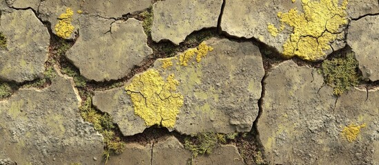 Leinwandbilder - Cracked concrete wall surface with lichen and moss highlighting the aging texture and natural elements in an outdoor setting.