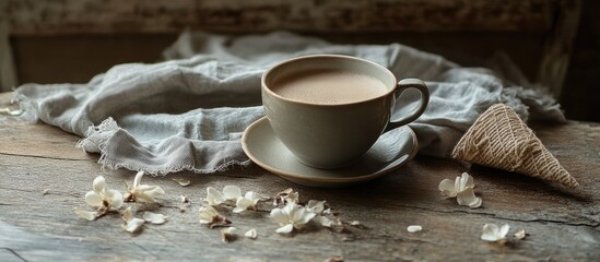 Aufkleber - Cup of fragrant coffee with a grey linen napkin and white flower petals on a vintage wooden background showcasing rustic charm and tranquility