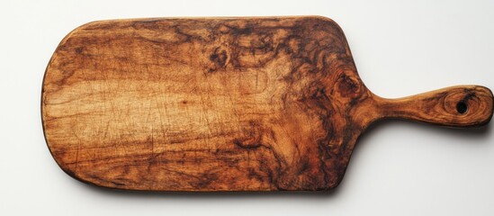 Fototapete - Rustic wooden cutting board isolated on white background showcasing natural grain and unique texture for culinary and home decor use