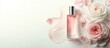 © Seyyar - Elegant pink fragrance mist with white roses and cream splash on a light background featuring ample empty space for creative text placement