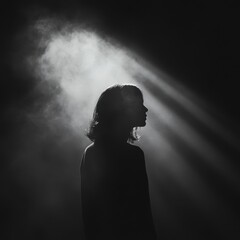 Wall Mural - Person standing in dark environment with light emitting from head surrounded by smoke and fog